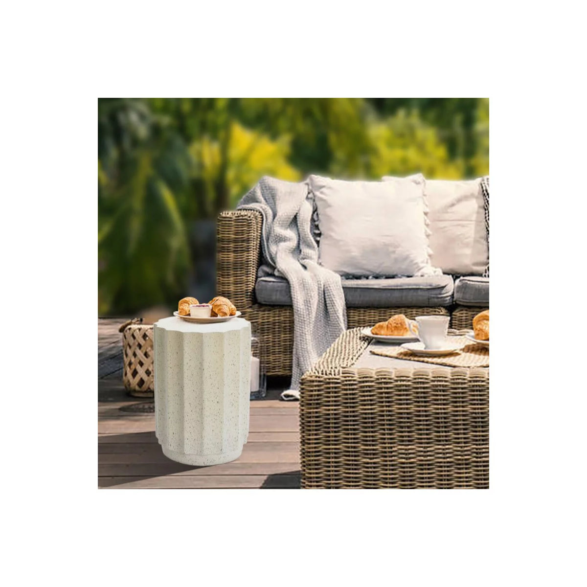 Off White Gray Cement Fluted Round Side Table V95783