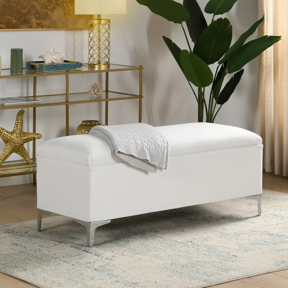 Bright White Linen Storage Bench G493
