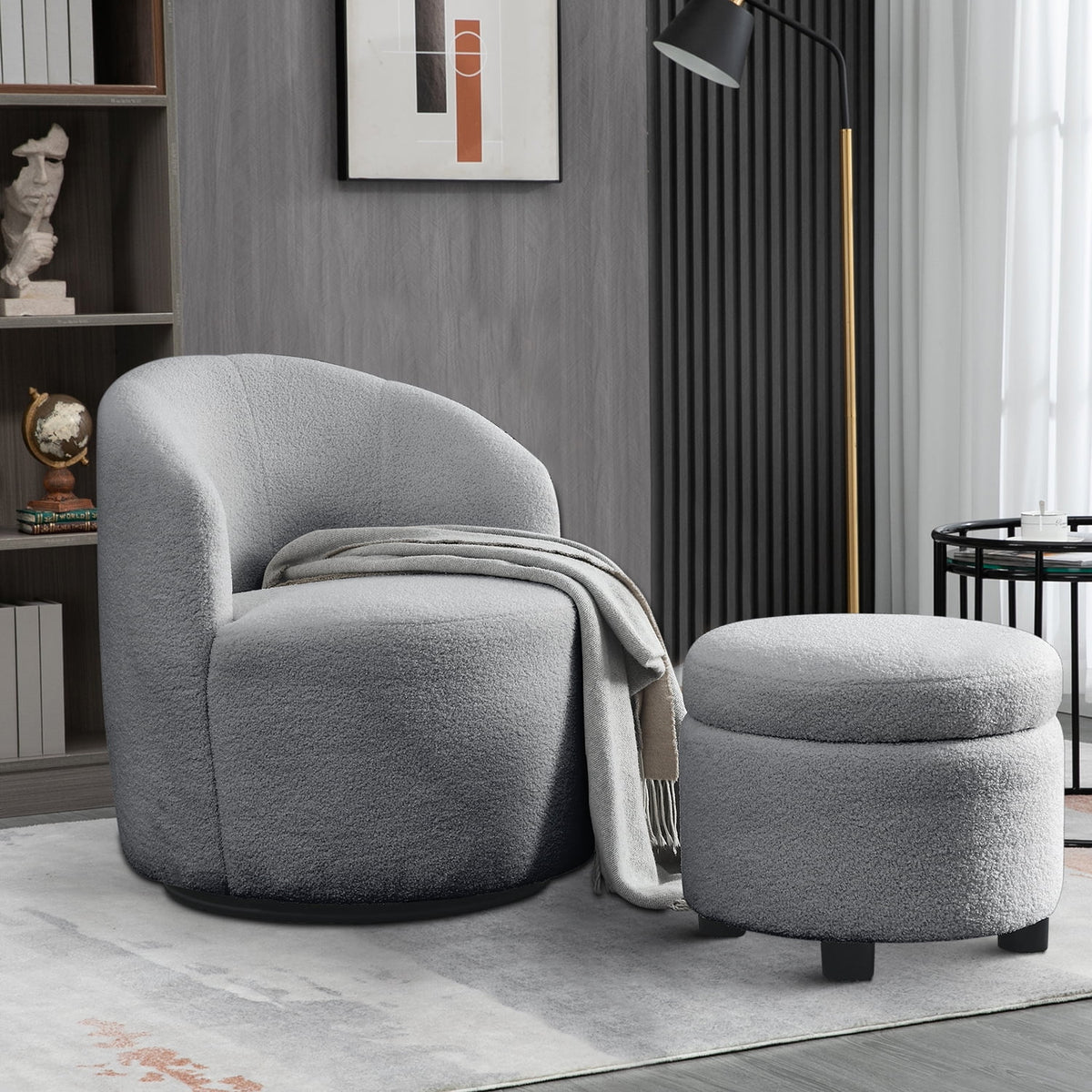 Grey Teddy Fabric Upholstered Swivel Barrel Chair with Storage Ottoman J497