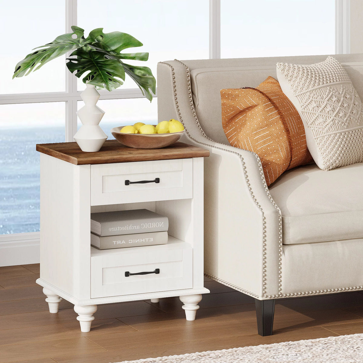 White and Oak 2 Drawer Nightstand with Charging Station W24626