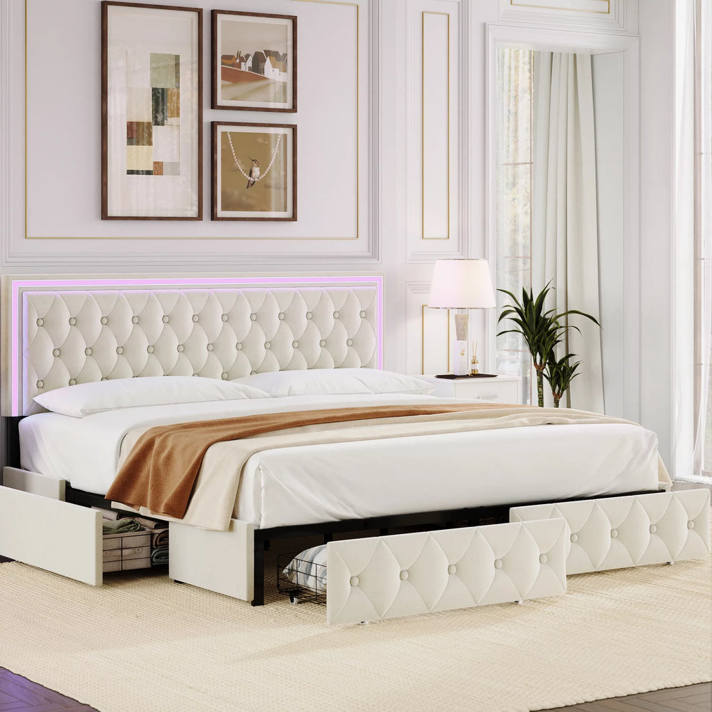 King LED Bed Frame with 4 Storage Drawers, Adjustable Velvet Upholstered Headboard G3481