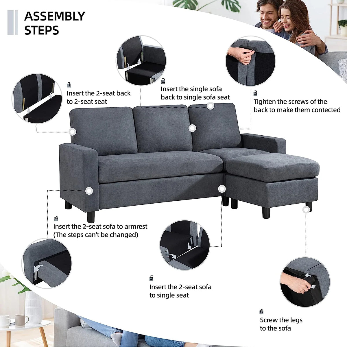 Dark Grey L-Shaped Convertible Sectional Sofa A2500