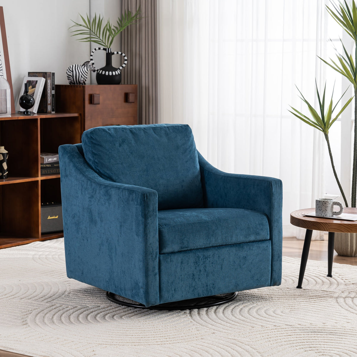 Large Navy Blue Linen Fabric Swivel Armchair J768