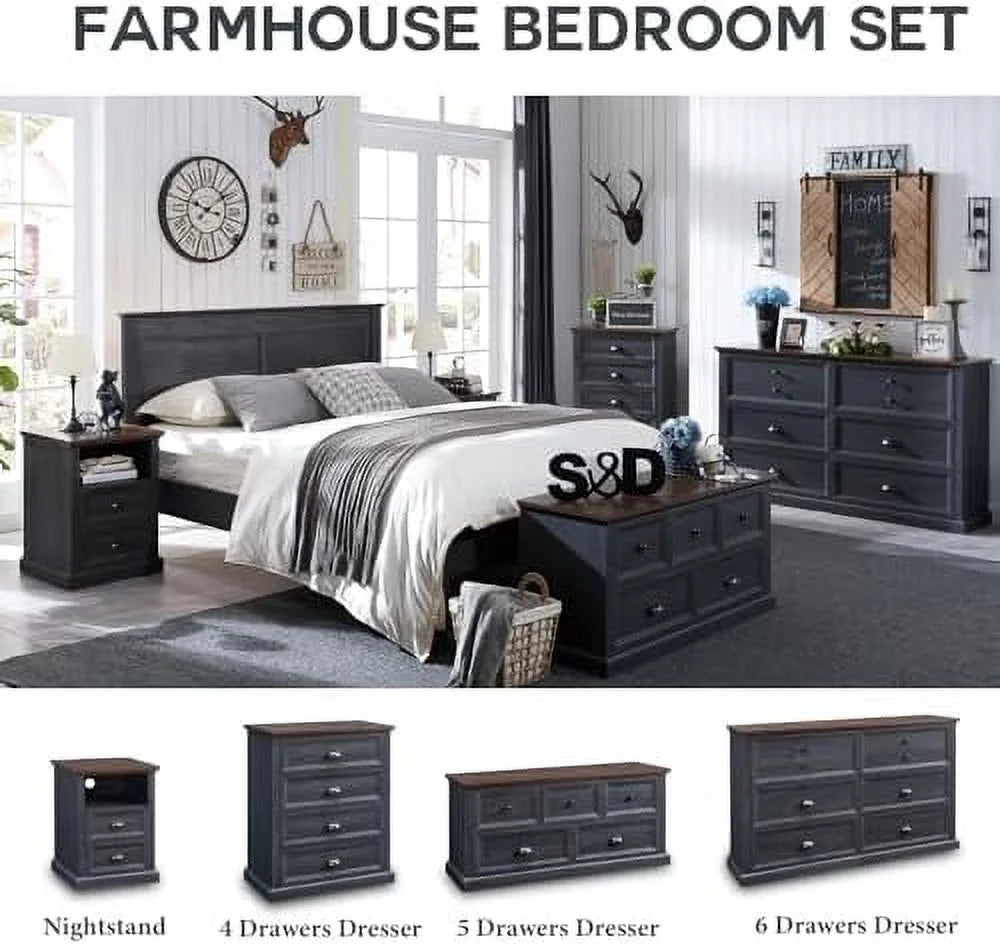 Dark Grey 2 Drawer Wood Nightstand with Charging Station F3279