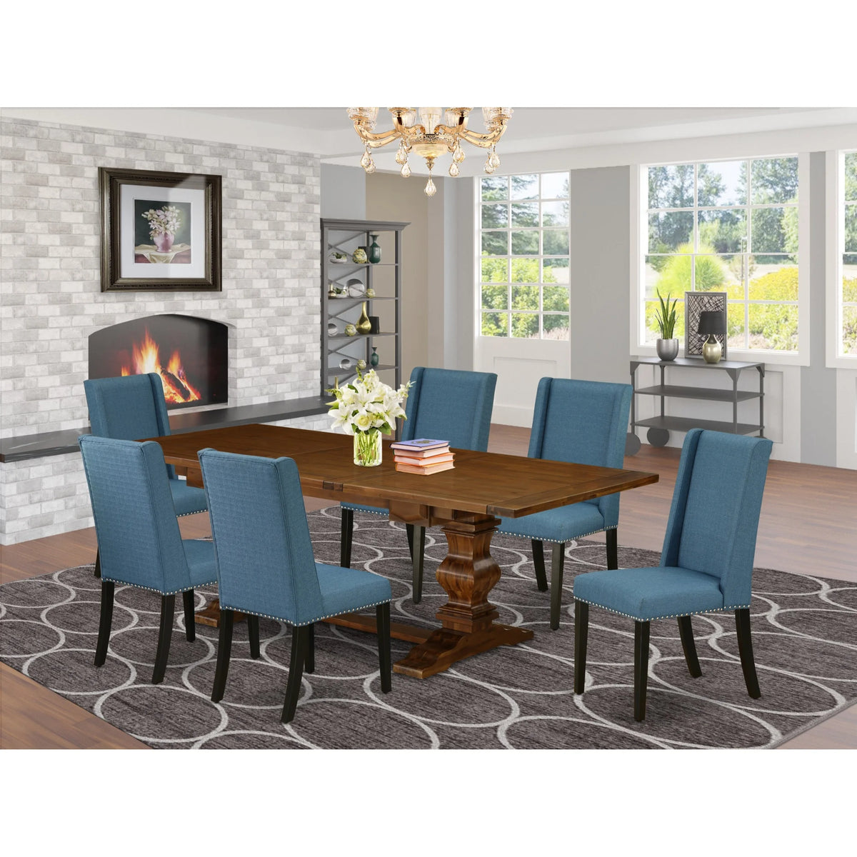 7 Piece Wood Dining Table Set with 6 Chairs J642