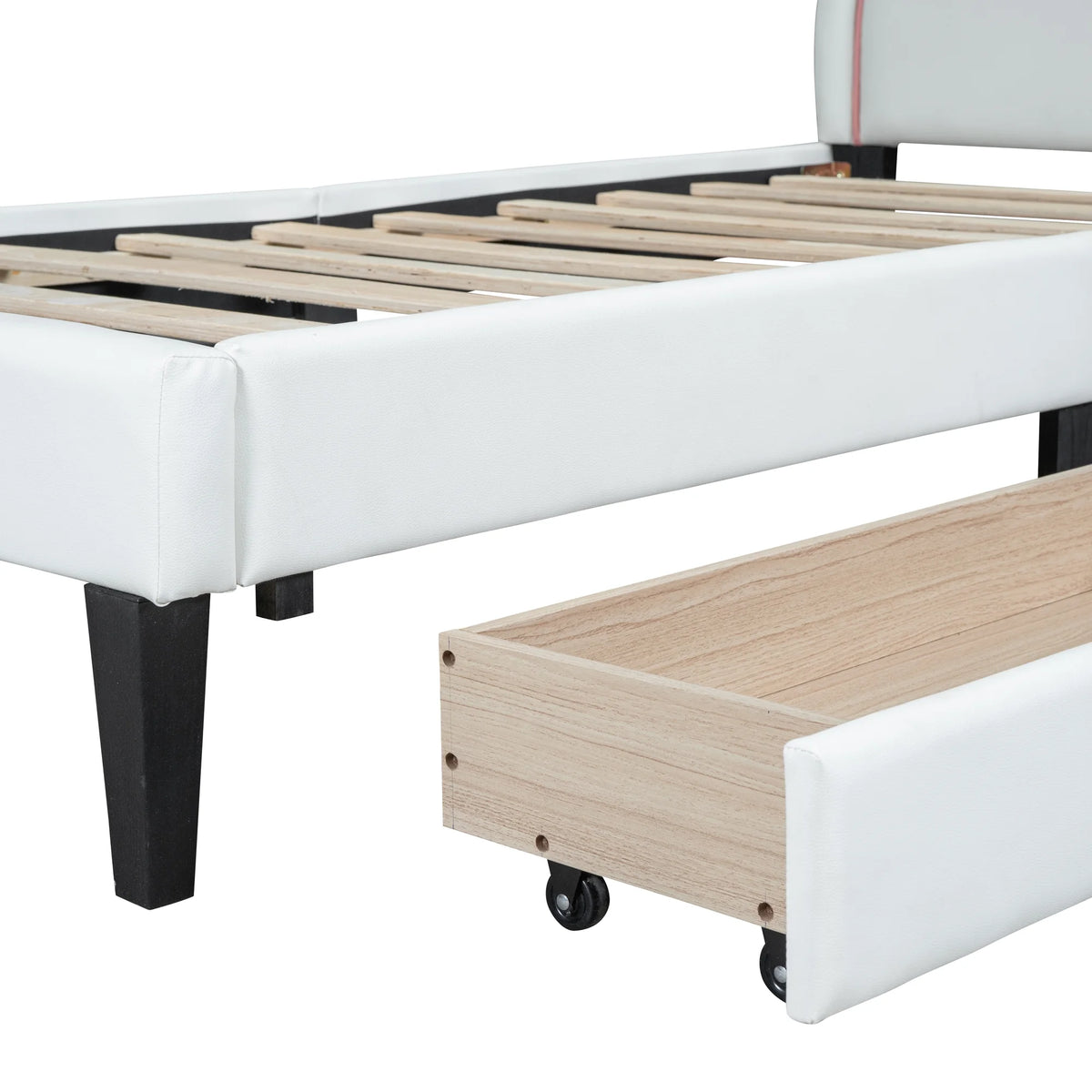White Twin Size Upholstered Leather Platform Bed with 2 Drawers L15632