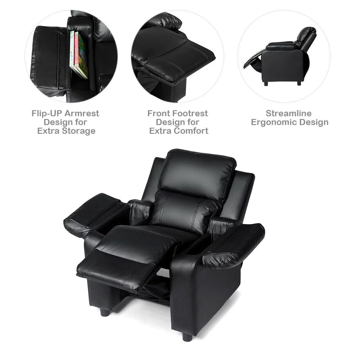 Padded Kids Sofa Armchair with Storage Arm Black F25380
