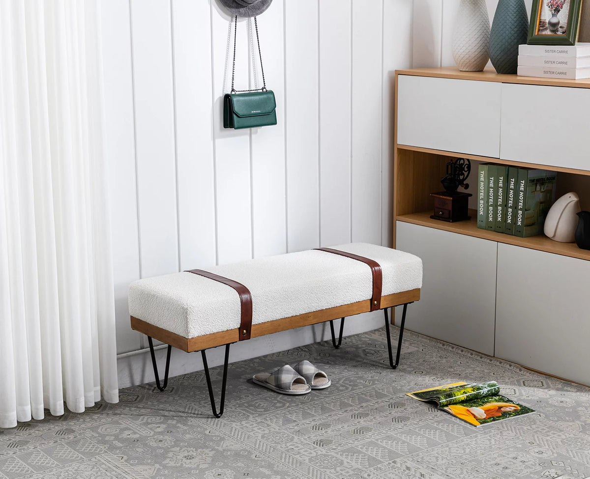White Faux Fur Upholstered Ottoman Bench with Metal Legs R6535