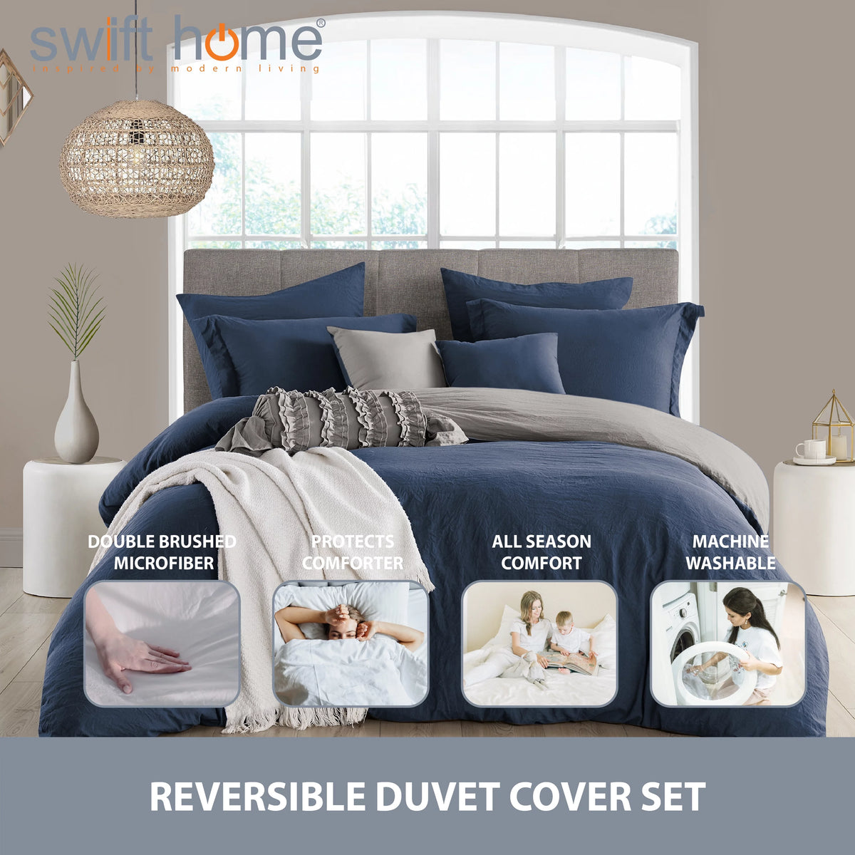 Navy Graphite Twin/Twin XL Reversible Duvet Cover & Sham Set U614799