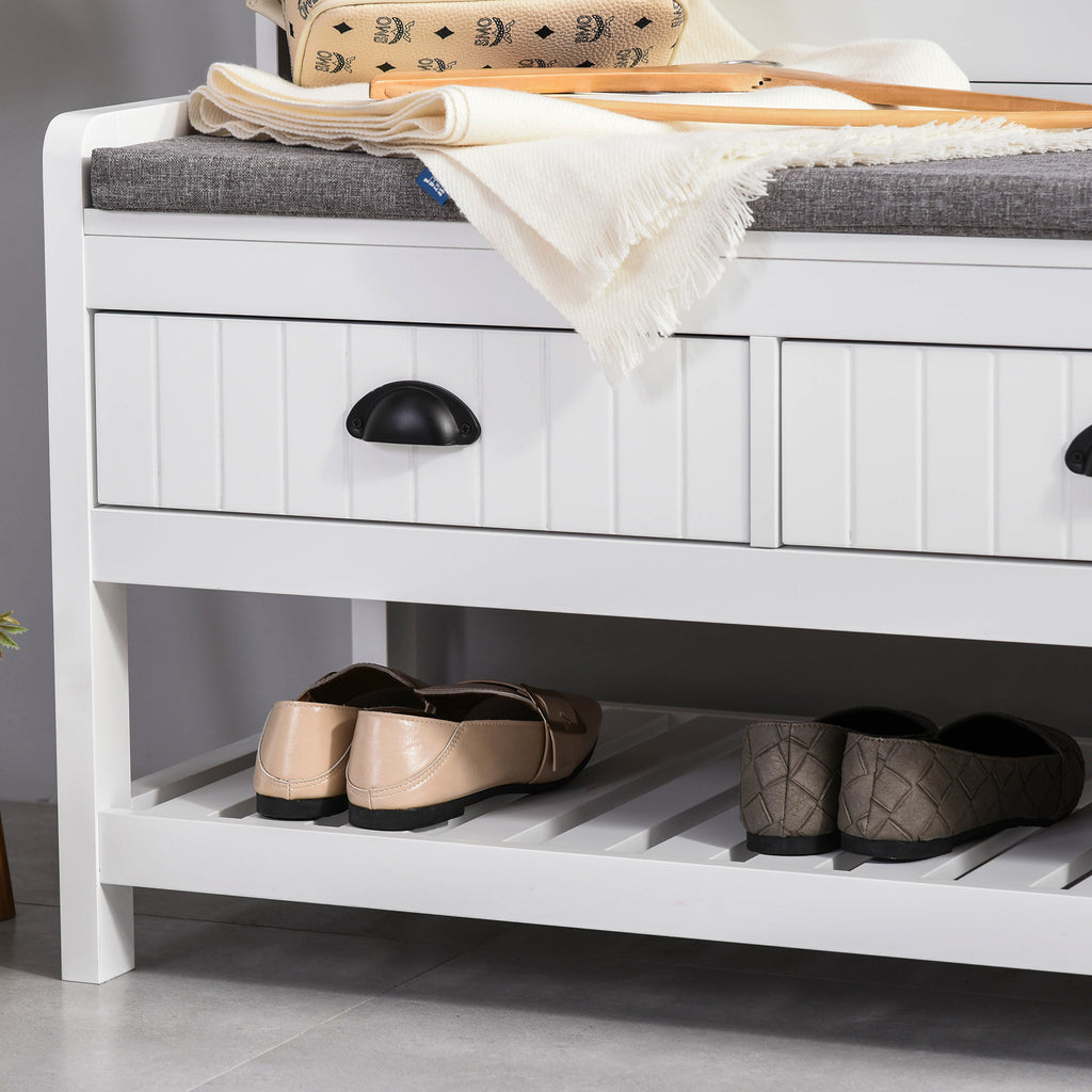 White Coat Rack and Bench with 4 Hooks, 2 Drawers S5589