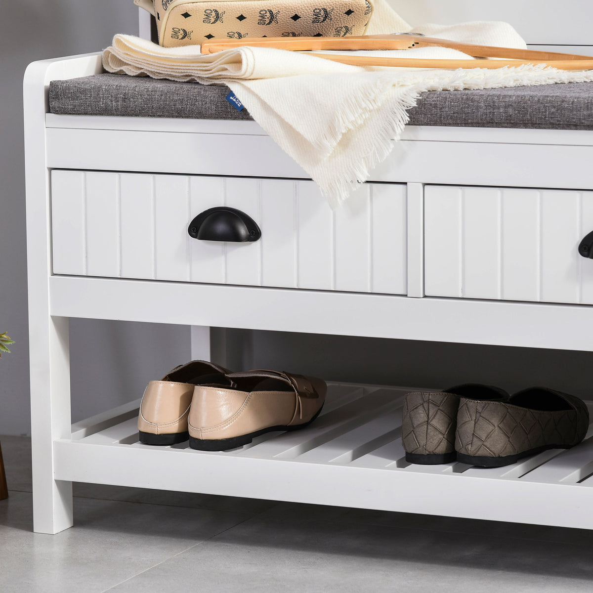 White Coat Rack and Bench with 4 Hooks, 2 Drawers S5589