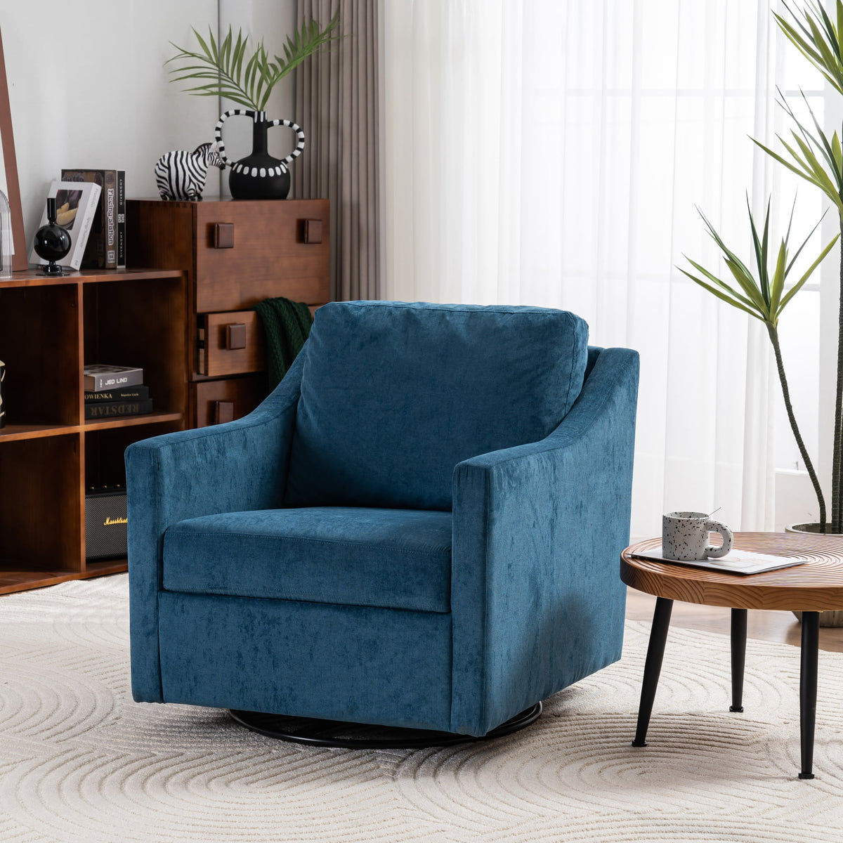 Large Navy Blue Linen Fabric Swivel Armchair J768