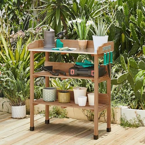 Brown Wooden Potting Bench Table with Storage Shelf E3894