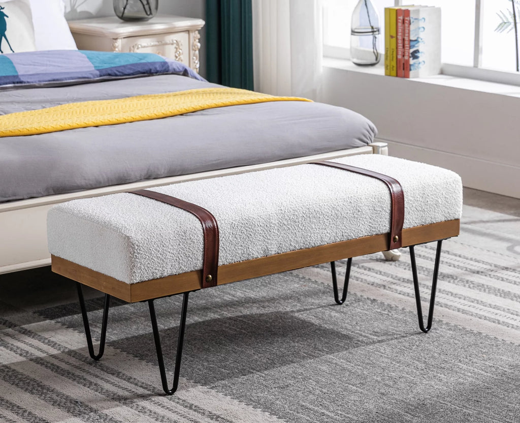 White Faux Fur Upholstered Ottoman Bench with Metal Legs R6535