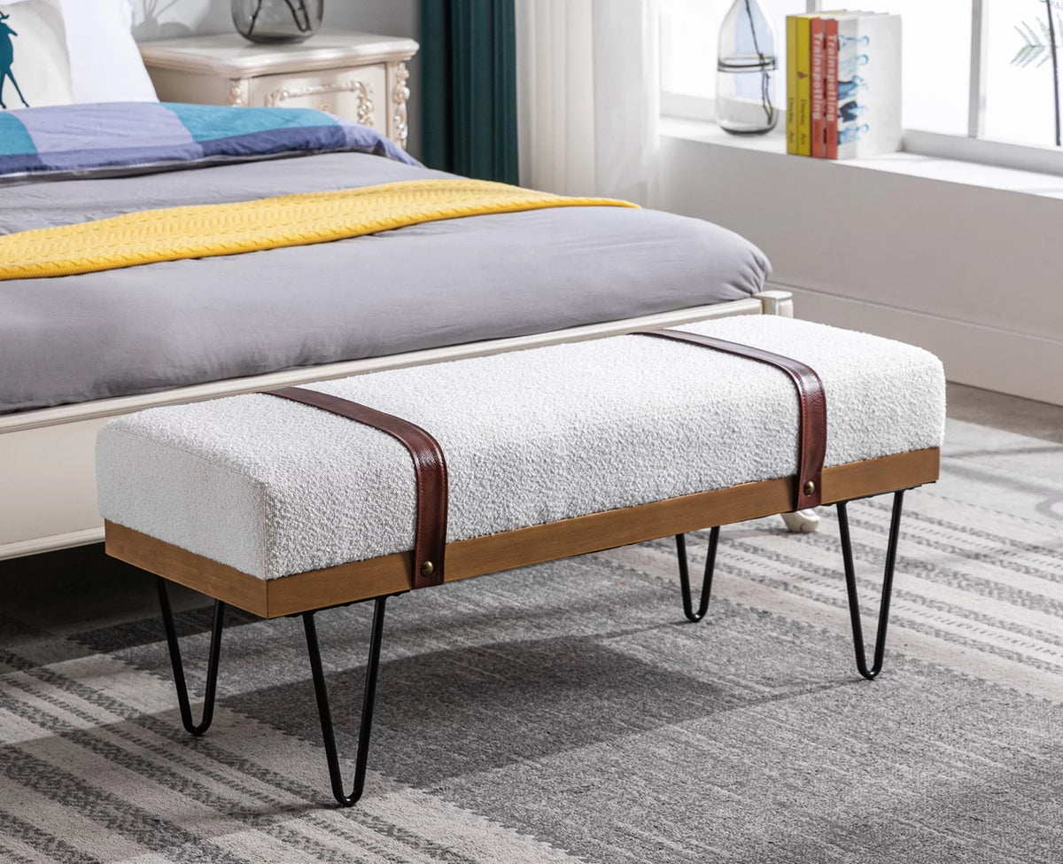White Faux Fur Upholstered Ottoman Bench with Metal Legs R6535