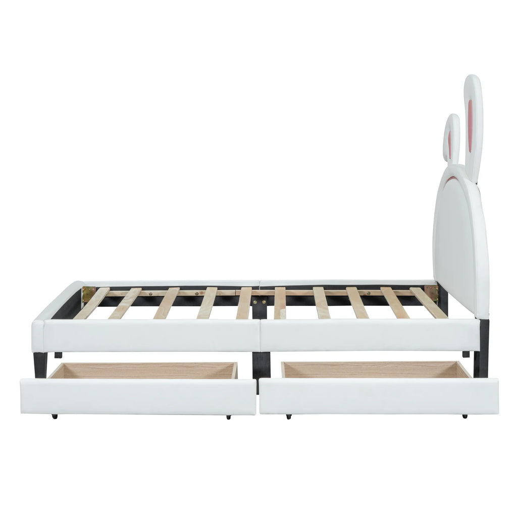 White Twin Size Upholstered Leather Platform Bed with 2 Drawers L15632