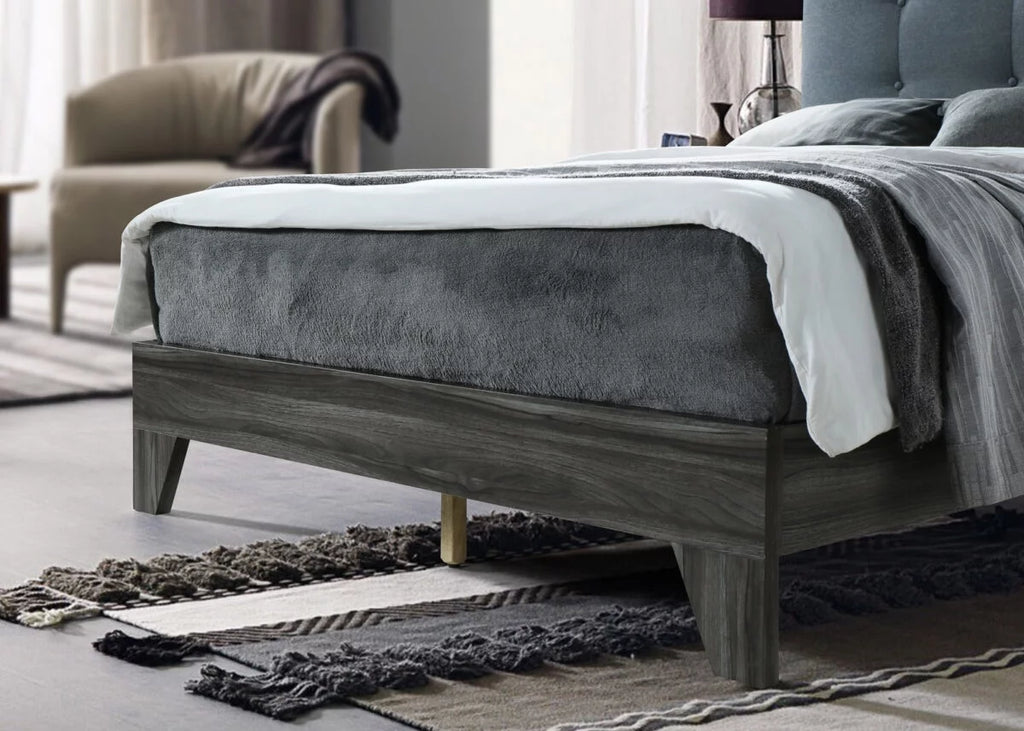 Grey Upholstered Queen Size Platform Bed with Headboard V7016