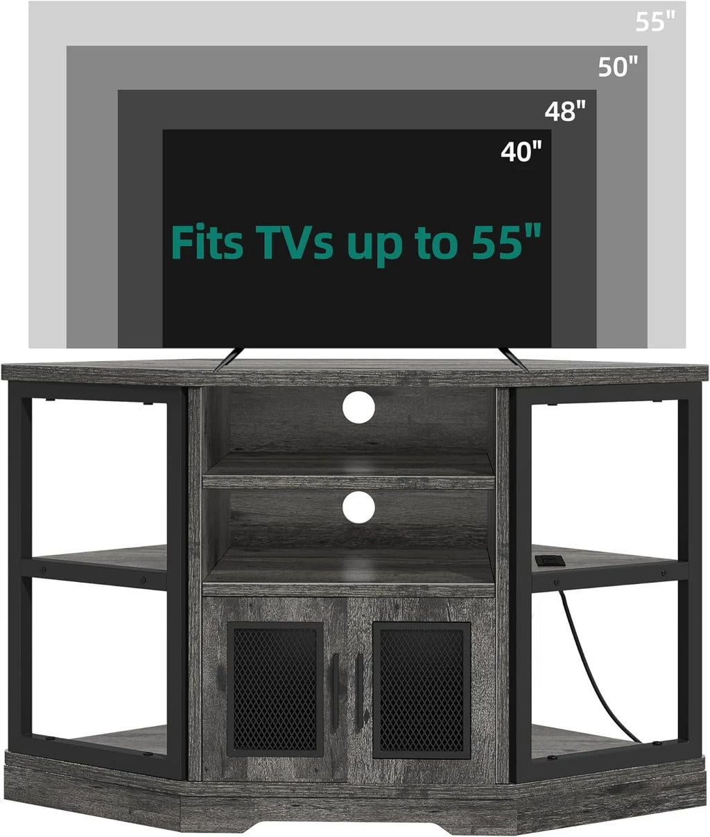 Corner TV Stand up to 55 Inch with Power Outlet, Gray Oak Z283838