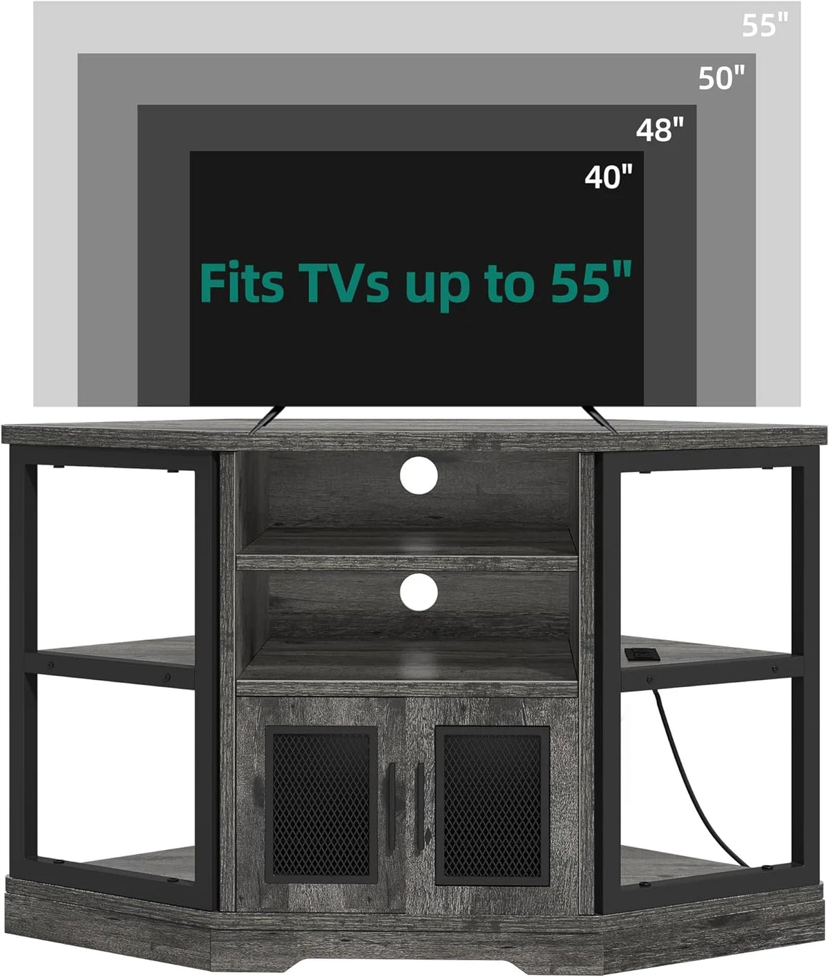 Corner TV Stand up to 55 Inch with Power Outlet, Gray Oak Z283838