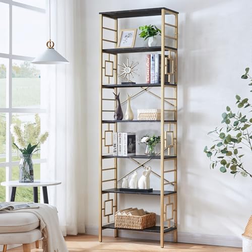 84 Inch 7 Tier Brown Bookshelf with Metal Frame and Open Shelves D55805