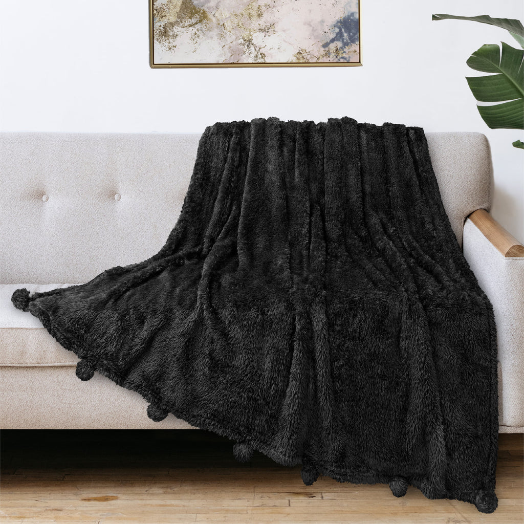 Black Sherpa Throw Blanket with Pom Pom Fringe 50x60 in Y10103