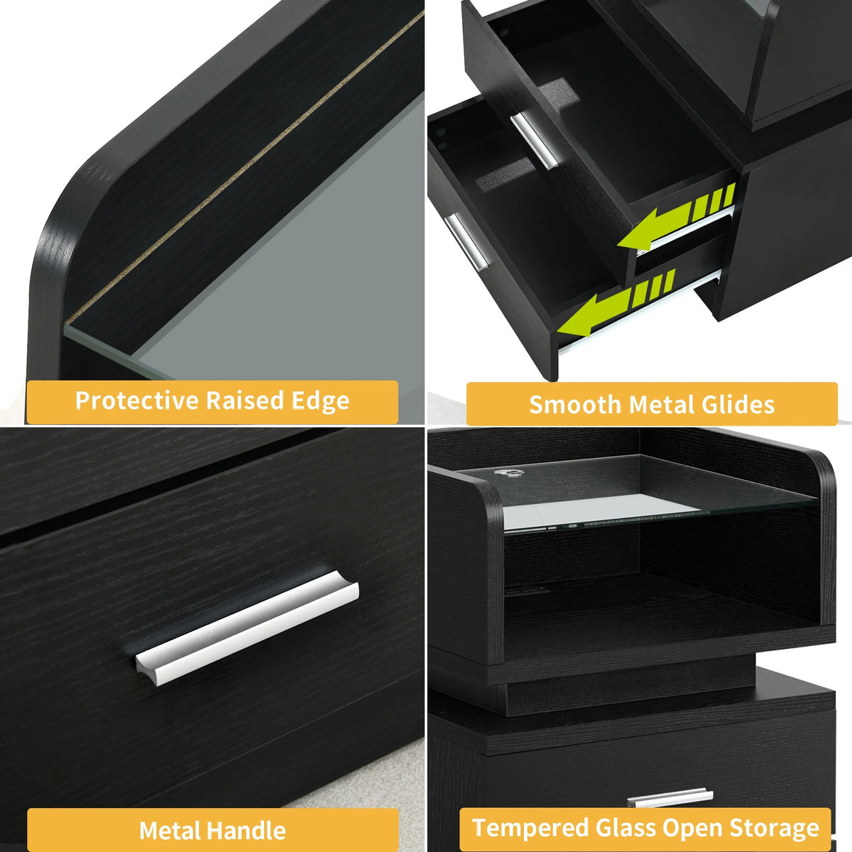 Black LED Nightstand with Charging Station R716