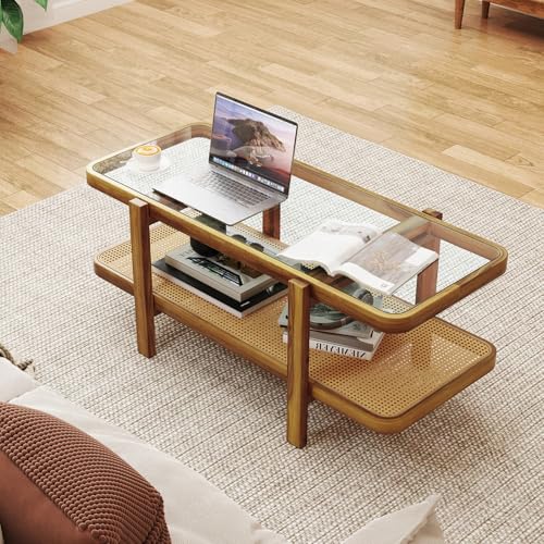 47.5" Rectangle Solid Wood Coffee Table with Tempered Glass Tabletop T3752