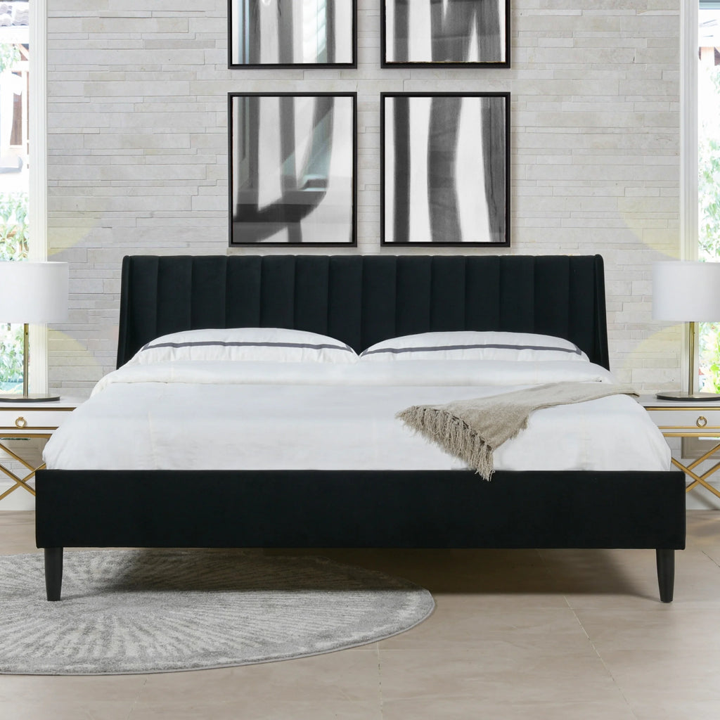 King Anthracite Black Velvet Platform Bed Set I263