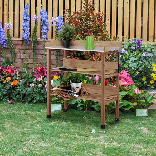 Brown Wooden Potting Bench Table with Storage Shelf E3894