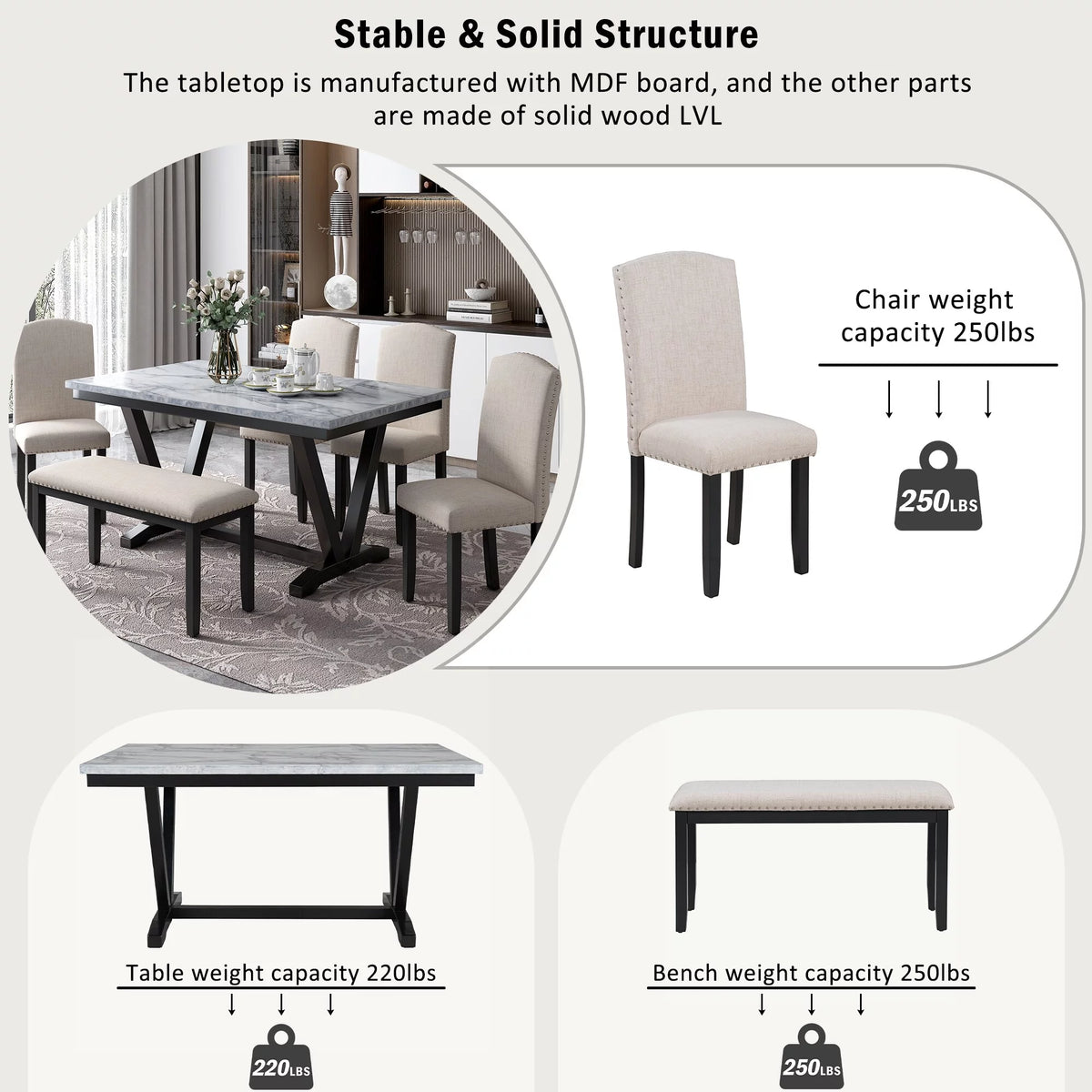 6-piece Dining Table with 4 Chairs & 1 Bench L9320