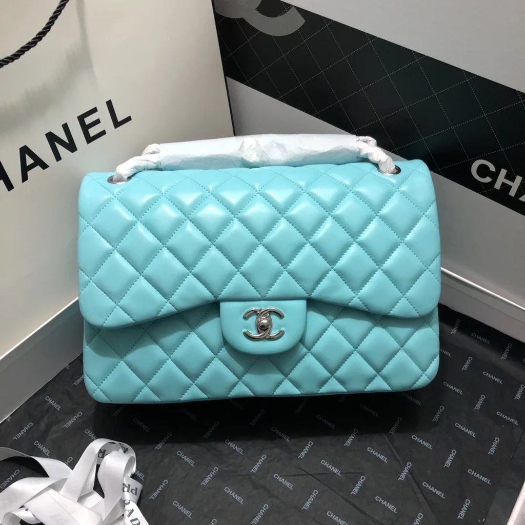 Large Classic Handbag Gold Hardware Blue 11.8in/30cm R687