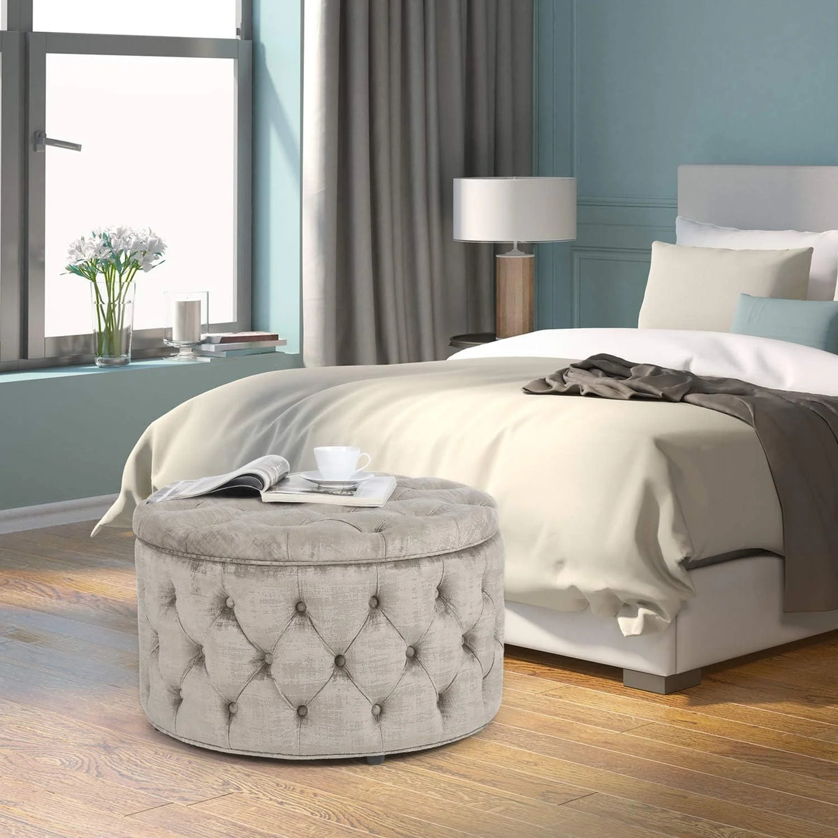 28 Inch Round Velvet Storage Ottoman D517