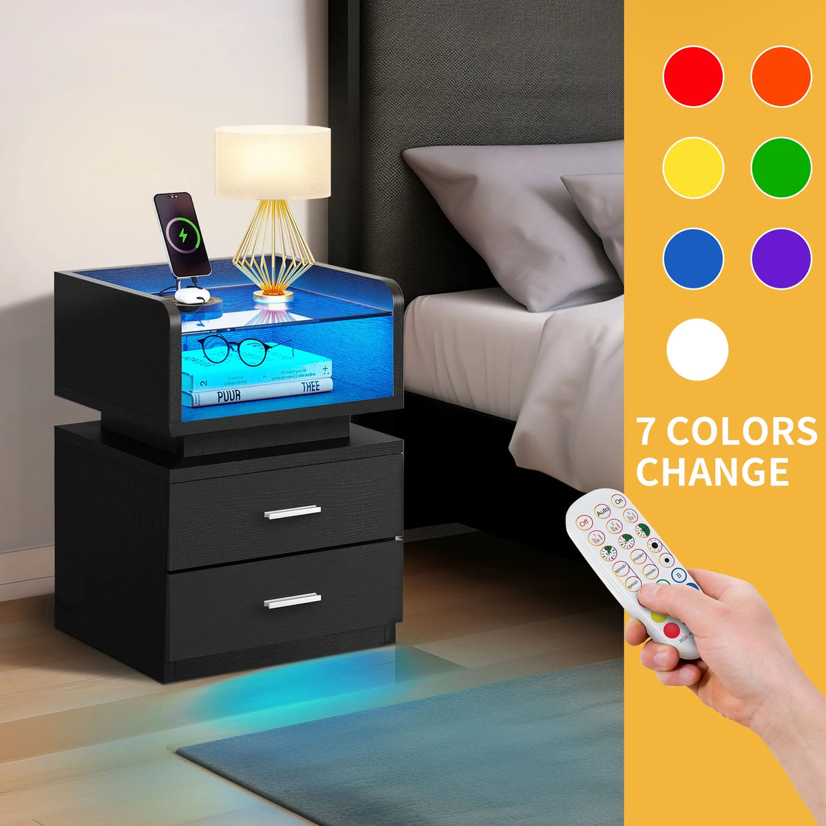 Black LED Nightstand with Charging Station R716