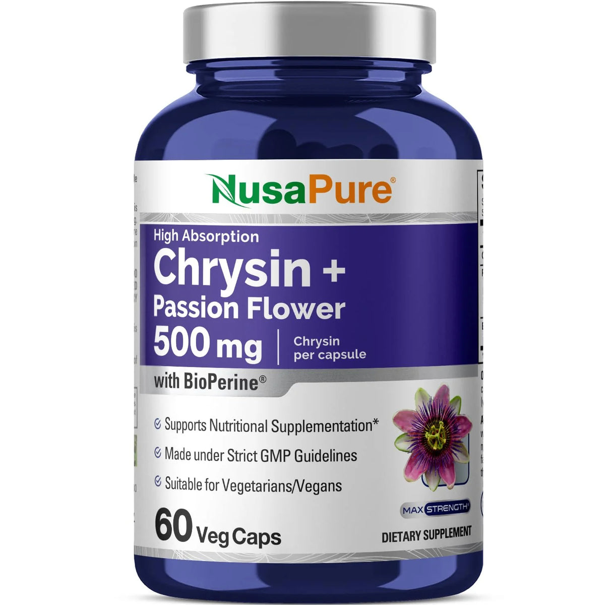 Chrysin 500mg 60 Veggie Capsules Passion Flower Supplement P7356