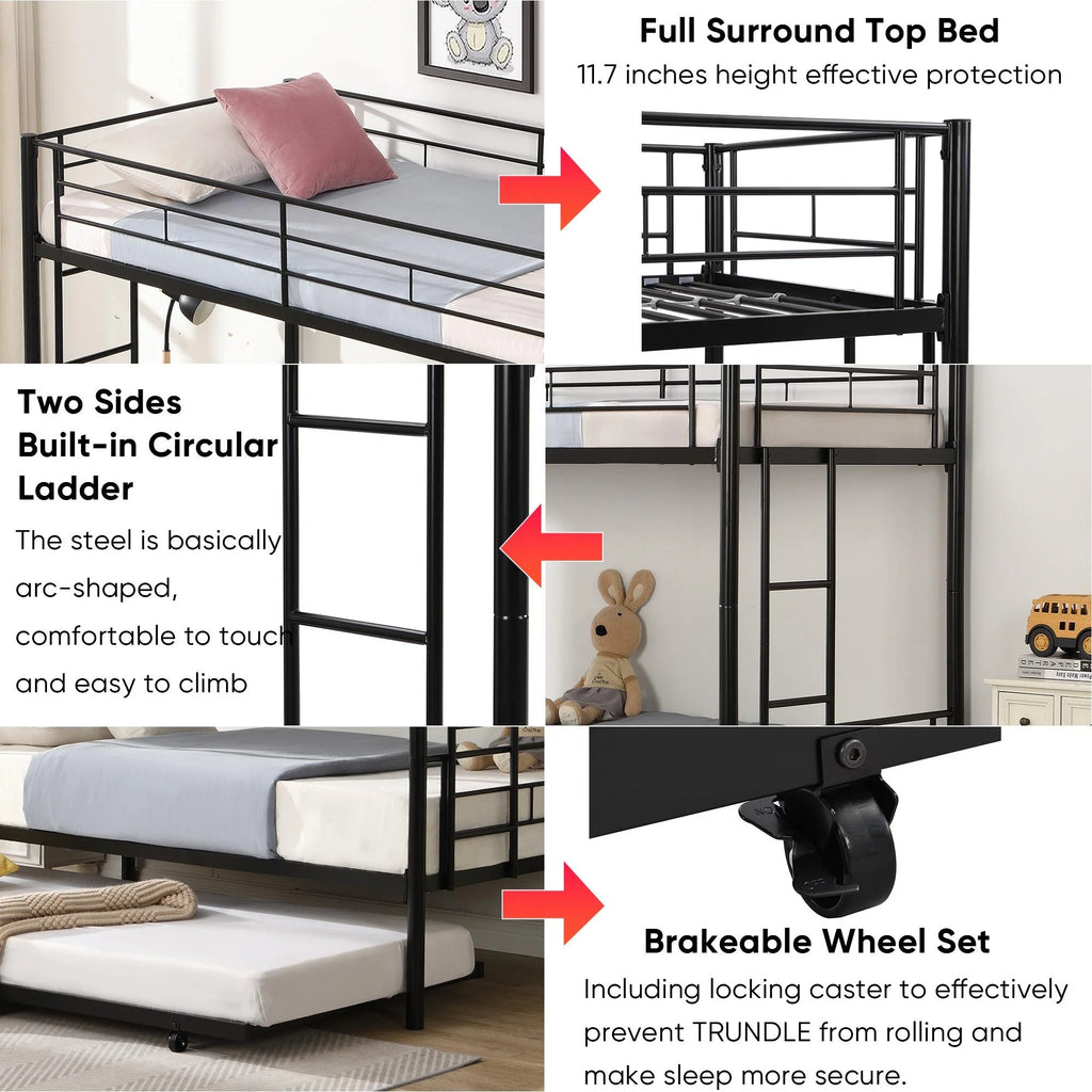 Black Twin Over Twin Metal Bunk Bed with Trundle and Safety Rails V8937