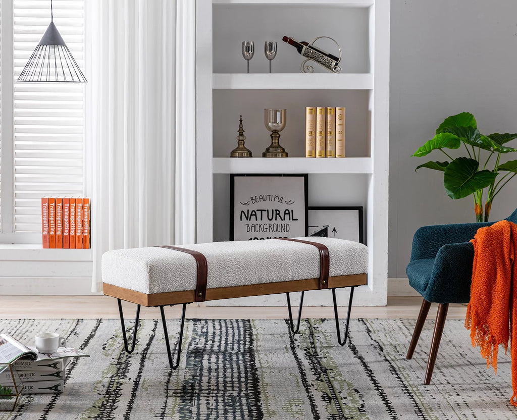 White Faux Fur Upholstered Ottoman Bench with Metal Legs R6535