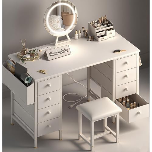 White Vanity Desk with Mirror and Light, Chair, Storage, 8 Fabric Drawers Q8271