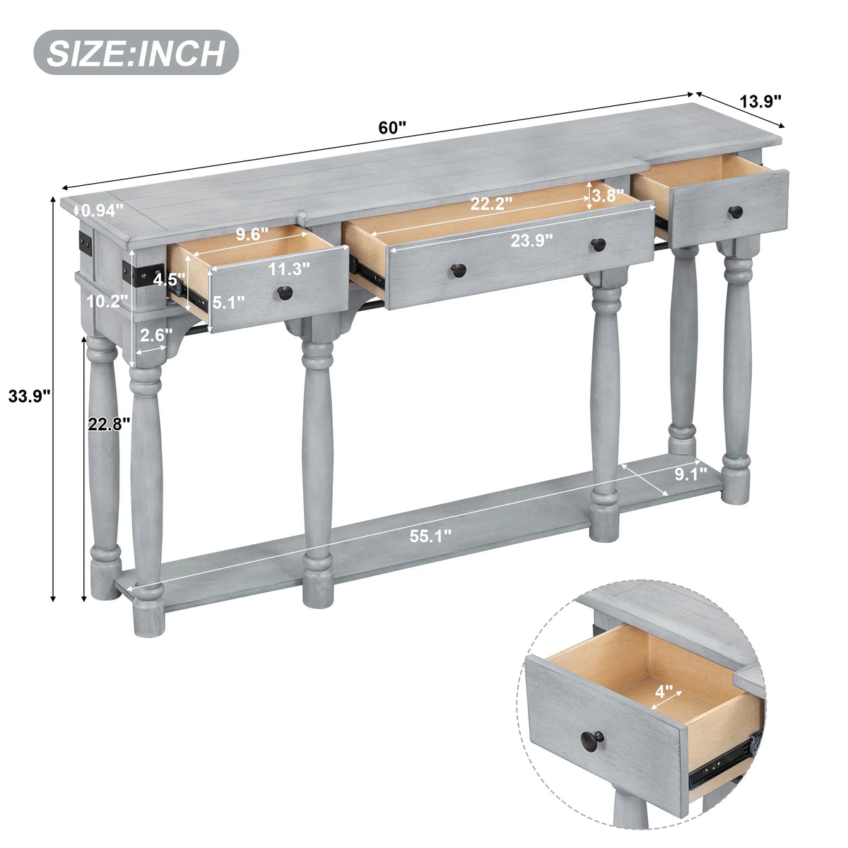 Gray Wood Console Table with 3 Drawers S46108