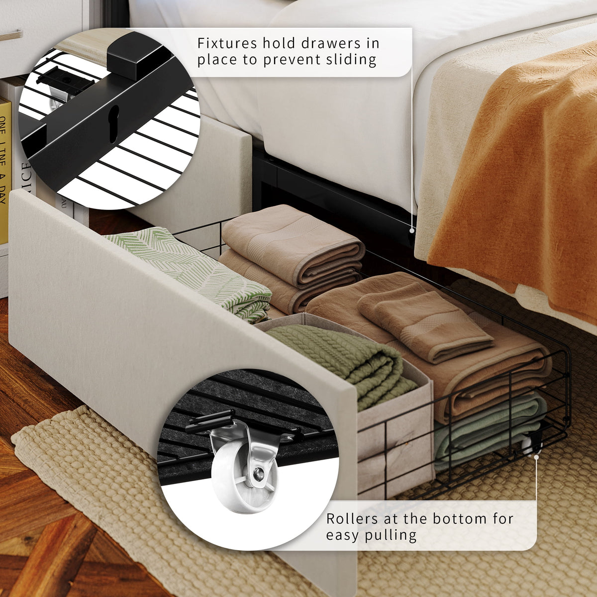 King LED Bed Frame with 4 Storage Drawers, Adjustable Velvet Upholstered Headboard G3481