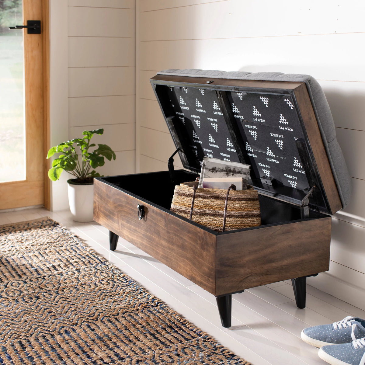 Grey Linen Storage Ottoman Y9385