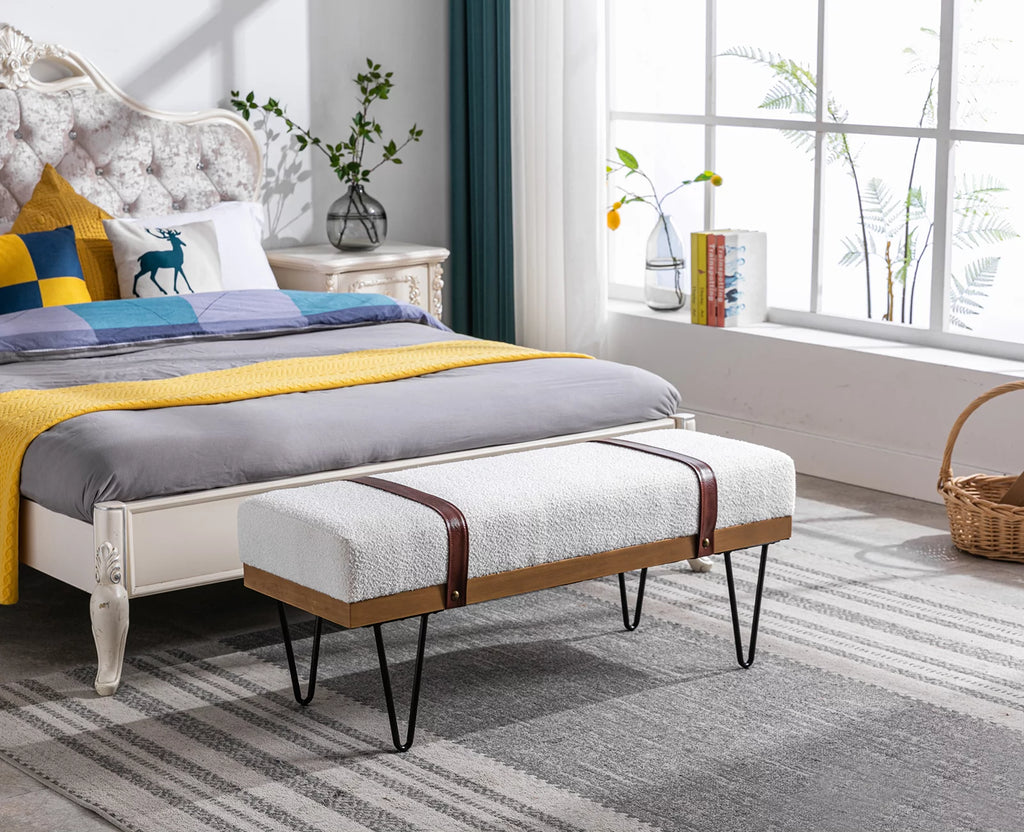 White Faux Fur Upholstered Ottoman Bench with Metal Legs R6535