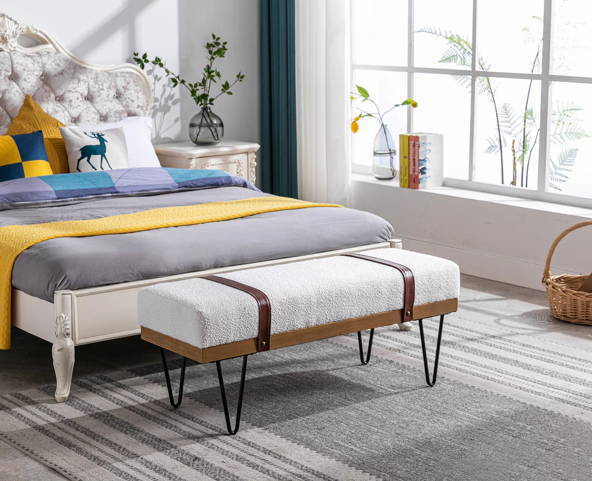 White Faux Fur Upholstered Ottoman Bench with Metal Legs R6535