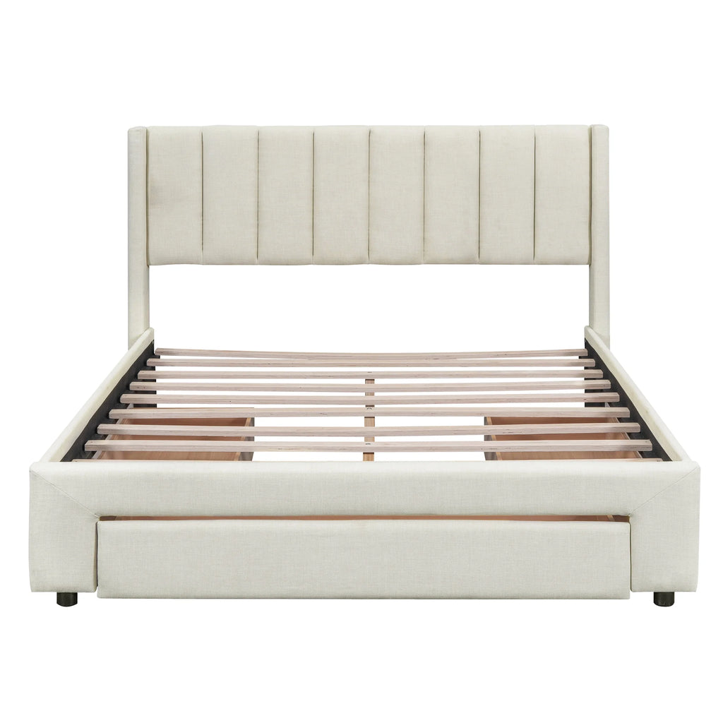 Beige Queen Size Upholstered Platform Bed with 3 Storage Drawers Q850934