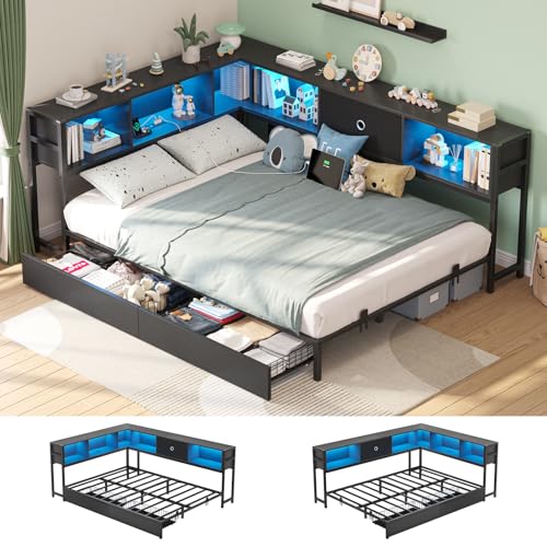 Black & Gray Twin Size Corner Bed Frame with Storage U4405
