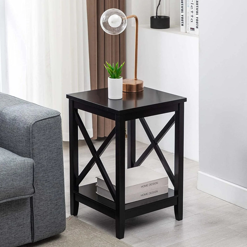Black 2-Tier Wood End Table with Storage M323109