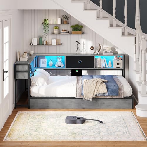 Black & Gray Twin Size Corner Bed Frame with Storage U4405