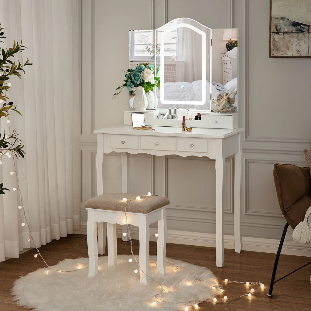 White Vanity Set with Mirror Stool and Drawers R5930