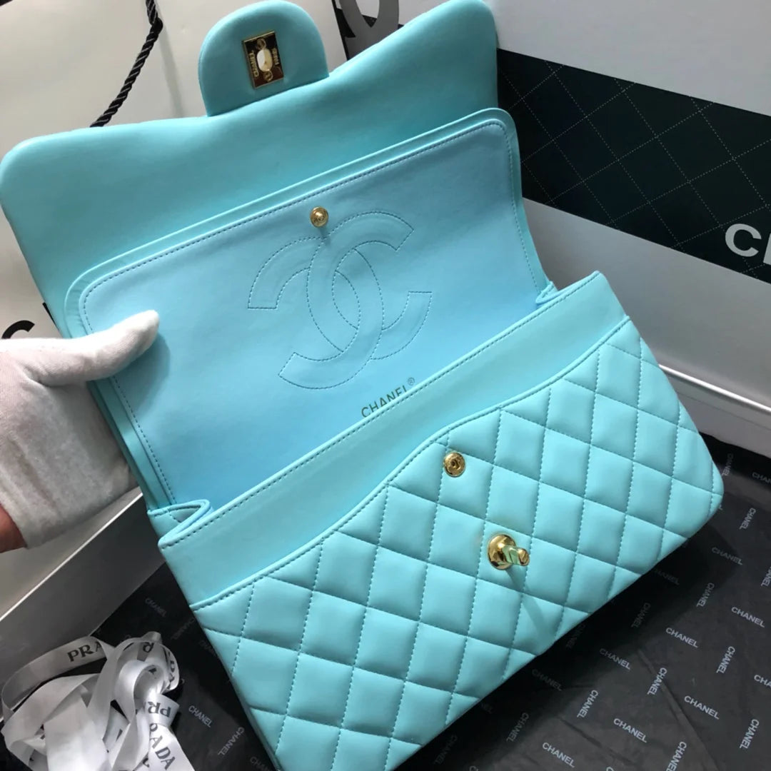 Large Classic Handbag Gold Hardware Blue 11.8in/30cm R687