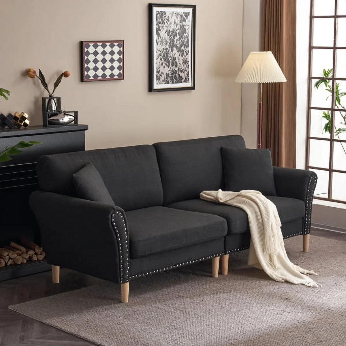 Black Upholstered 2-Seat Sofa with 2 Pillows N262