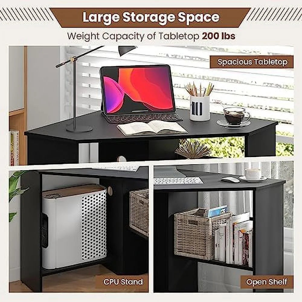 Black Corner Computer Desk with Shelves C24135